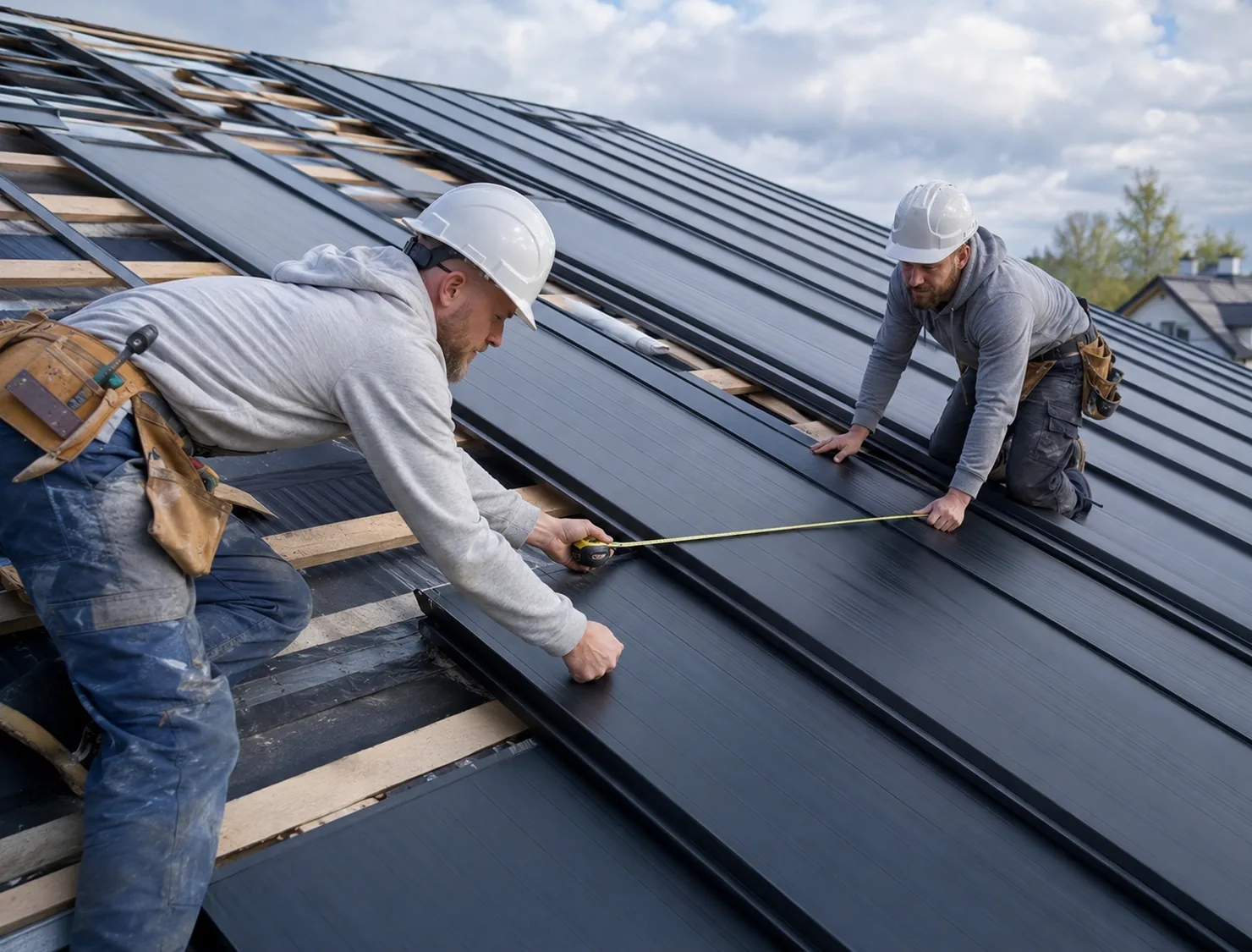 Crew installing metal roof panels on suburban home during planned replacement project