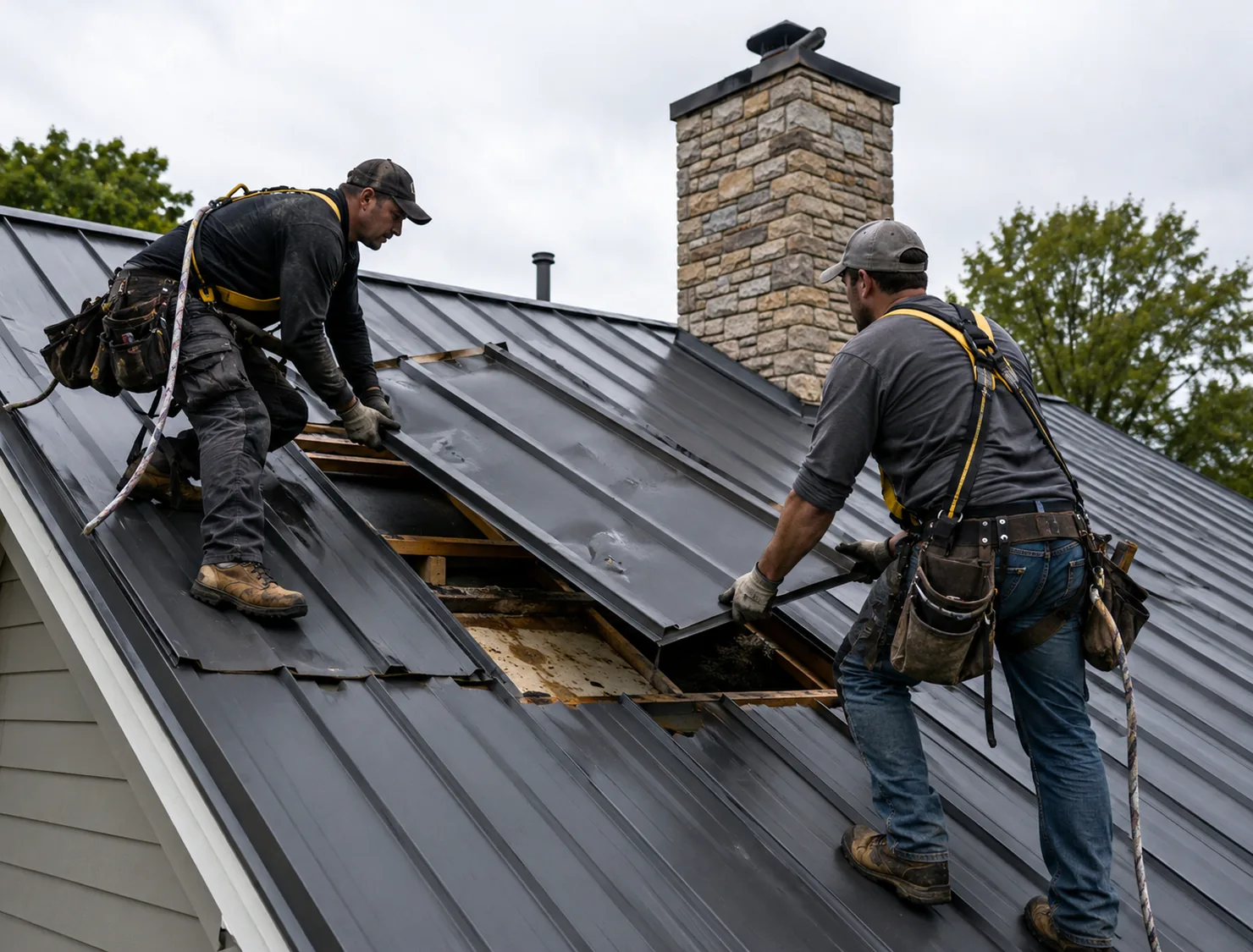 Roofing professional inspecting metal panel alignment and flashing near chimney detail