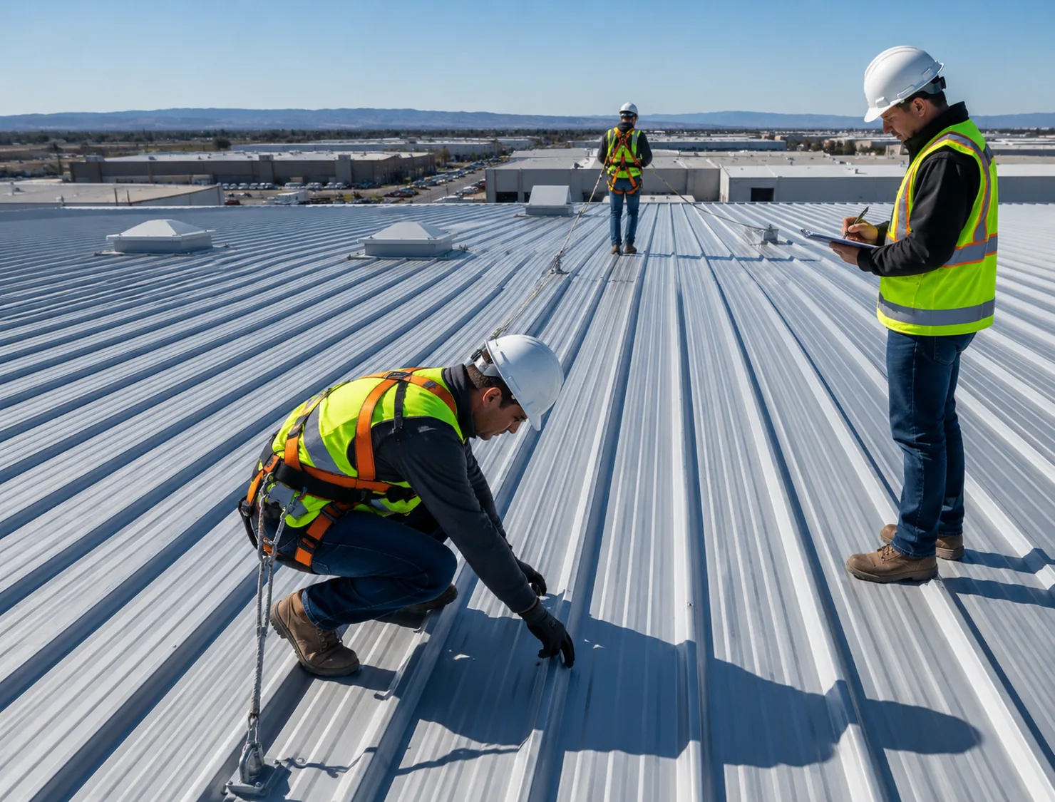 Crew installing standing seam metal roof on New Berlin home during replacement project