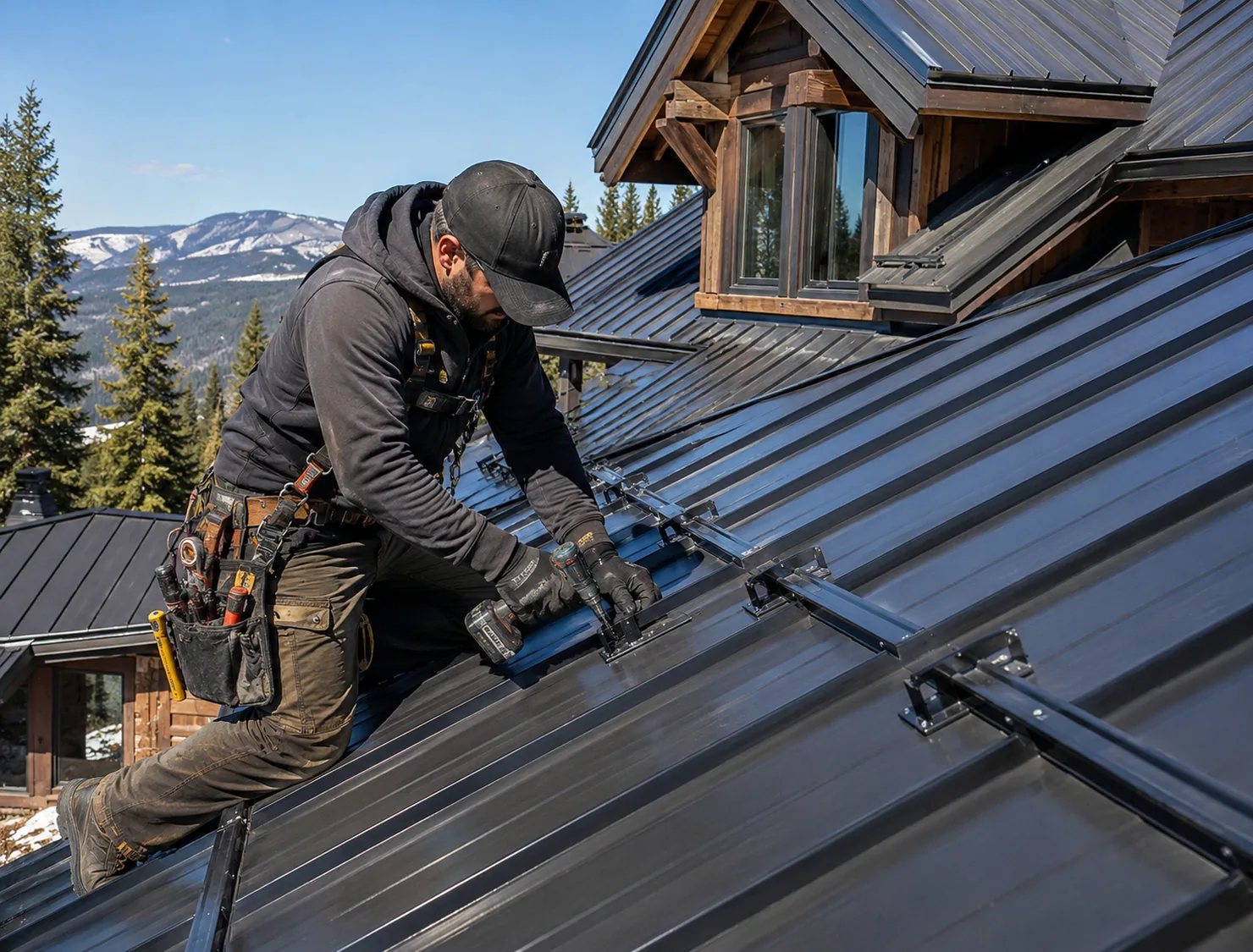 Roofing specialist aligning metal panels and checking flashing details on residential roof