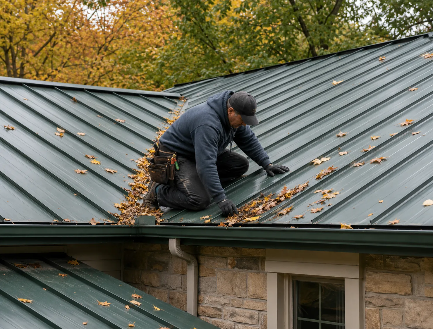 Crew installing standing seam metal roof on Waukesha home with attached garage