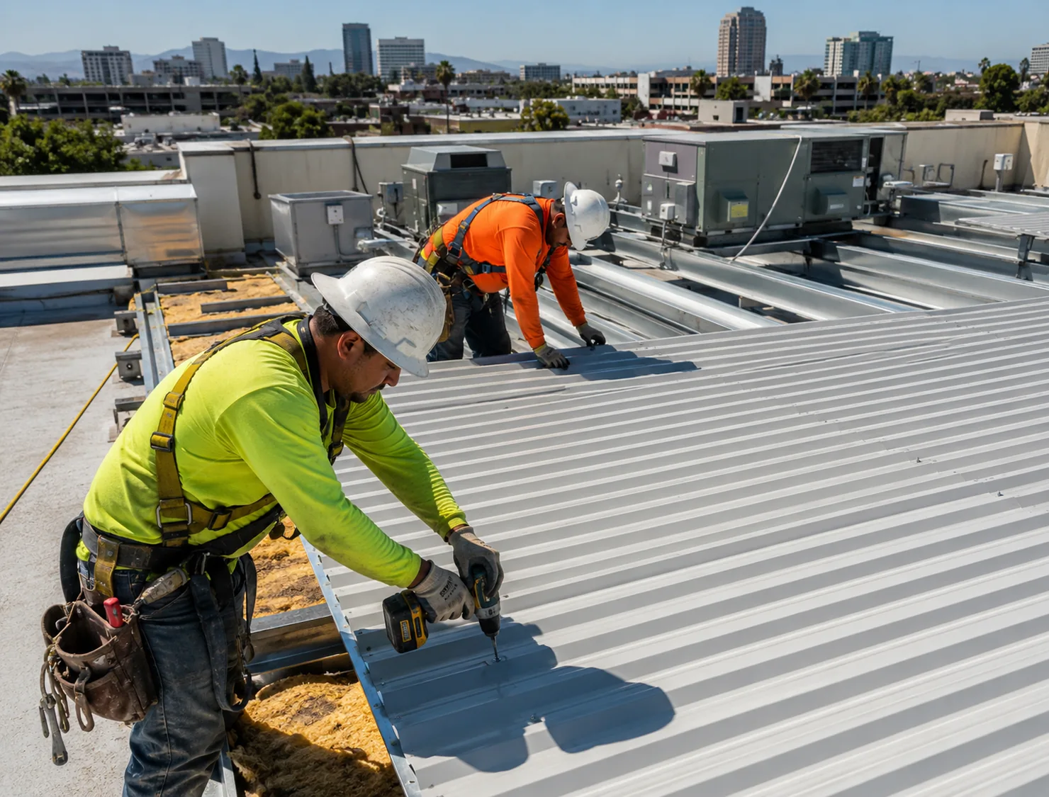 Skilled roofer aligning standing seam metal panels with specialized installation tools