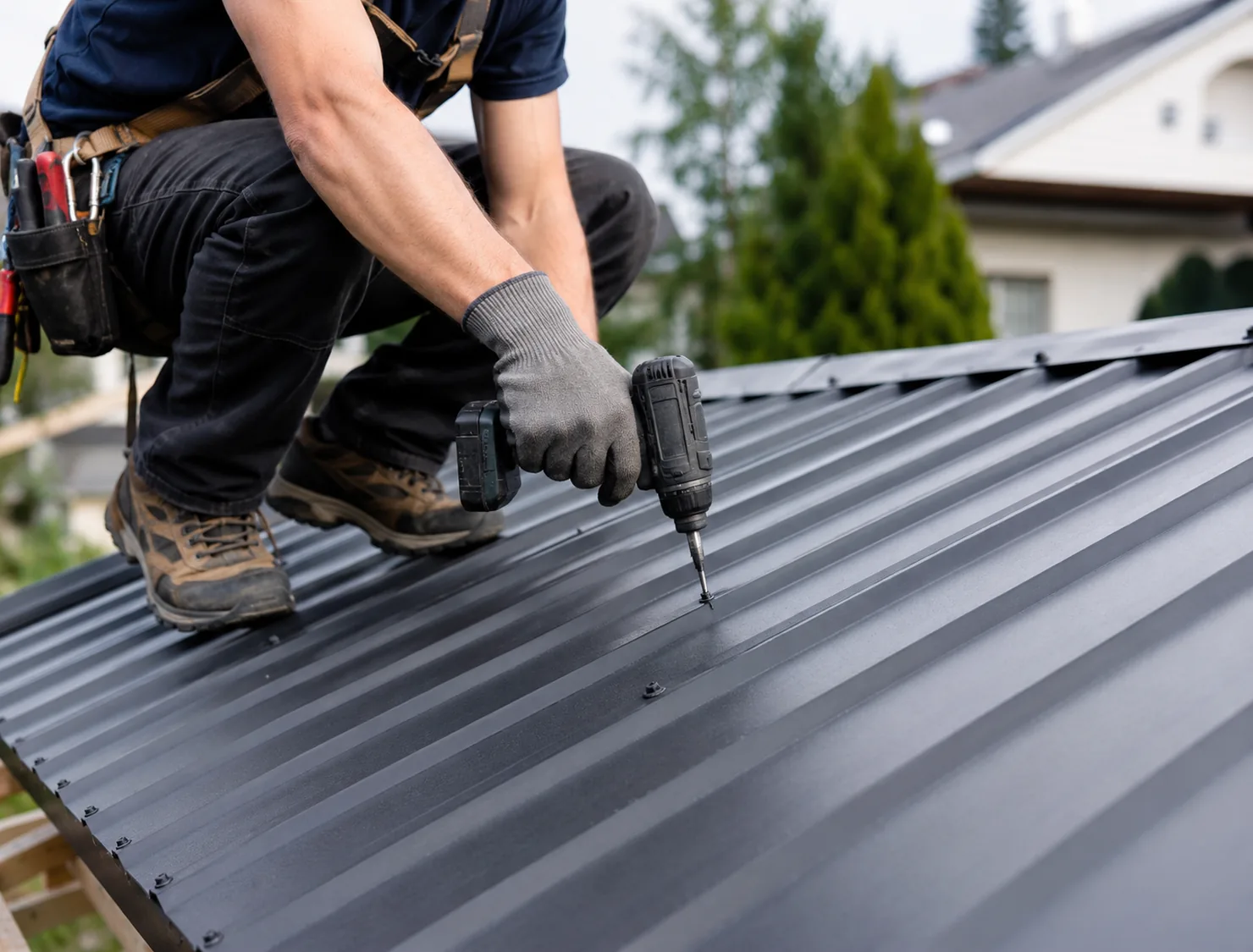 Crew installing Metal Roofing panels on a Pleasant Prairie - WI home during a clear afternoon replacement project