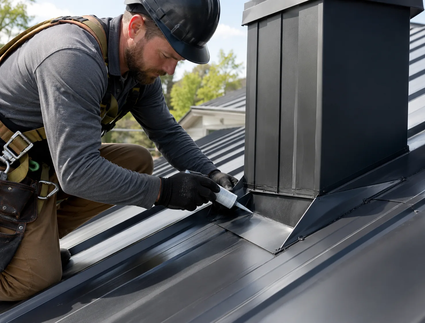 Metal Roofing in Pleasant Prairie - WI underway as installers position standing seam panels on a suburban home
