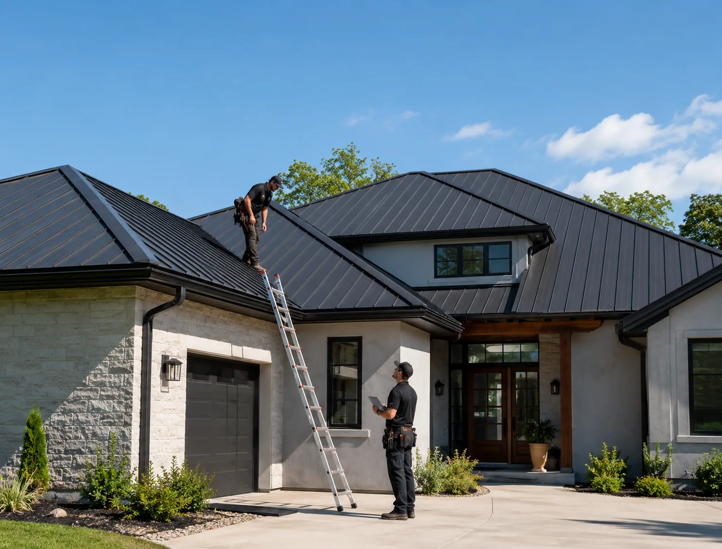 Roofing specialist inspecting flashing and panel alignment on steep residential roof section