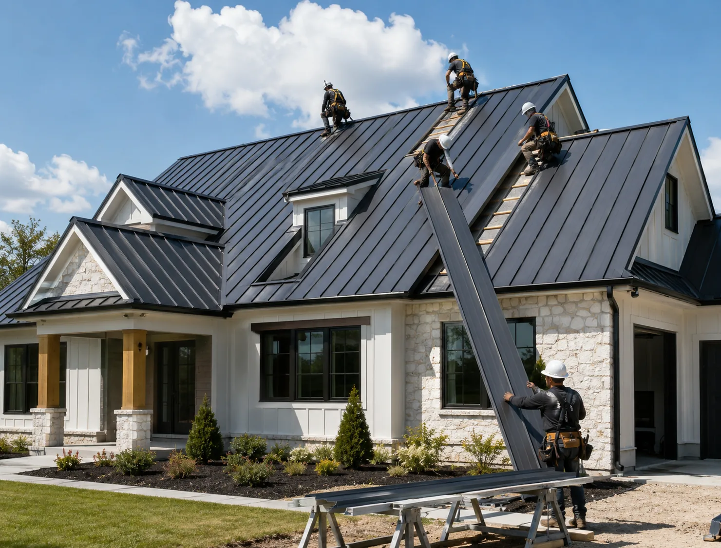 Crew installing metal roof panels on occupied Kenosha home during full replacement project