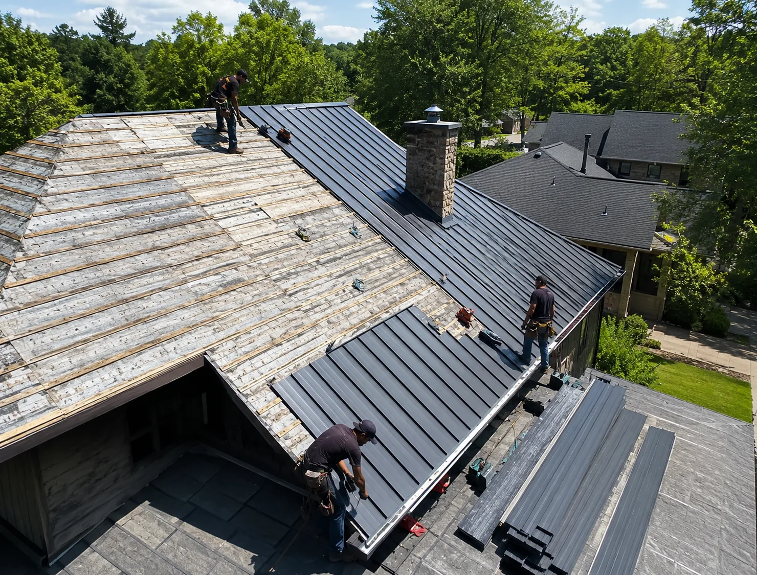 Roofing professional measuring panel layout across intersecting roof planes for precise fit