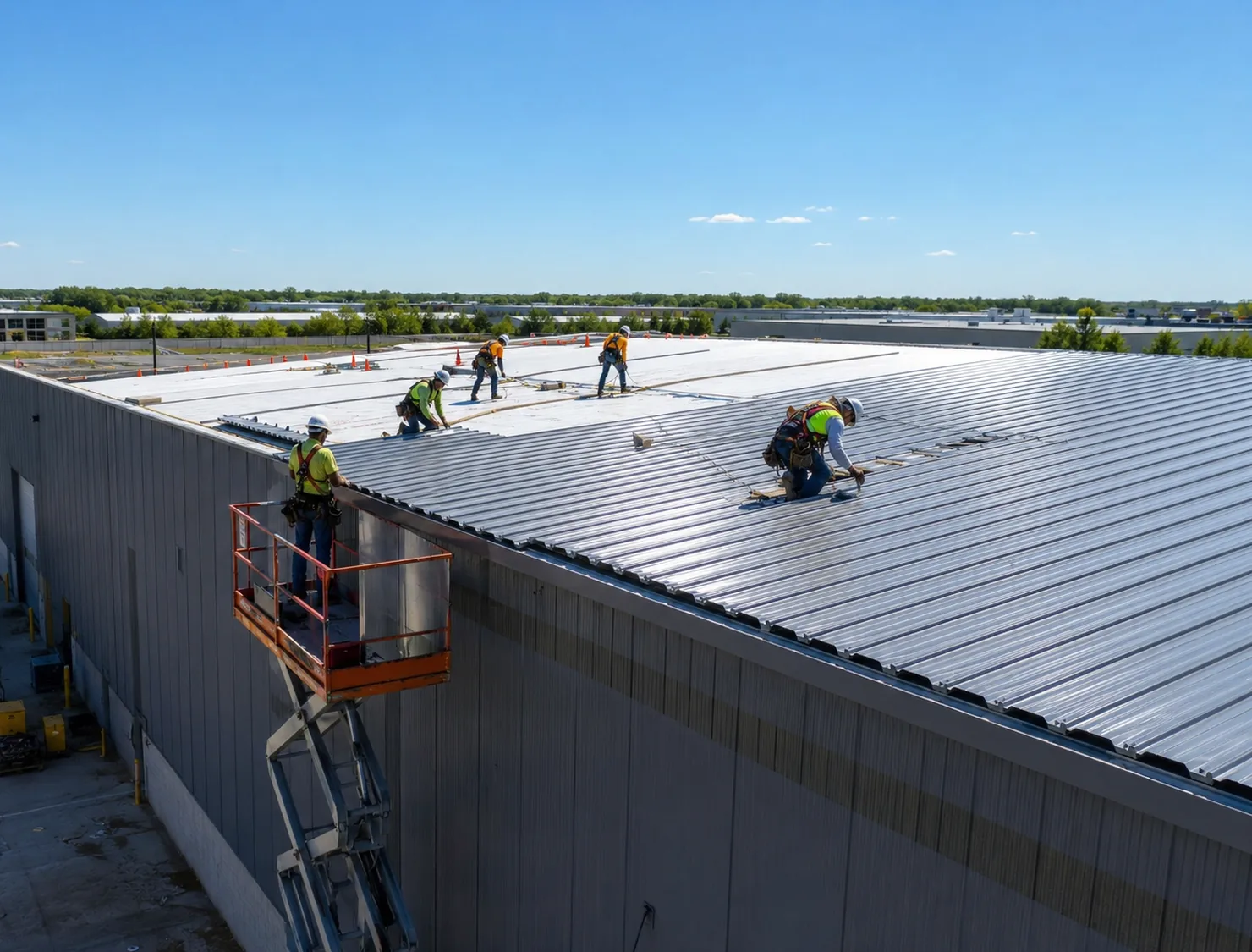 Roofing specialist inspecting panel alignment and flashing details on newly installed metal roof