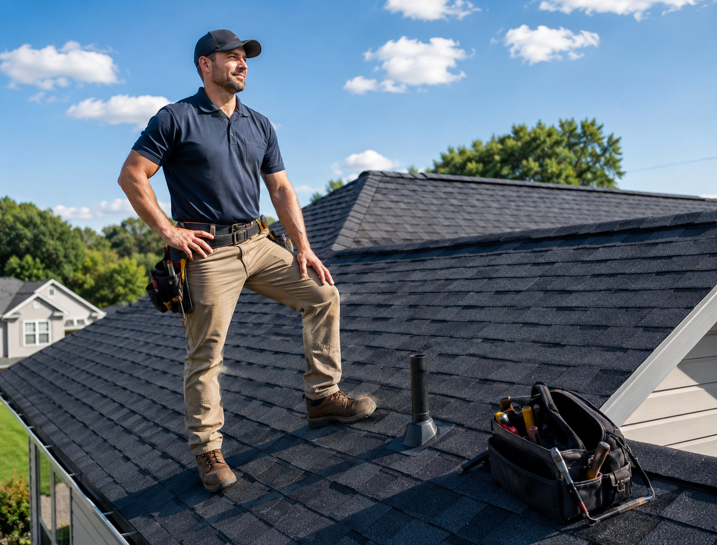 Roofing specialist examining shingle damage and flashing gaps near roof vent