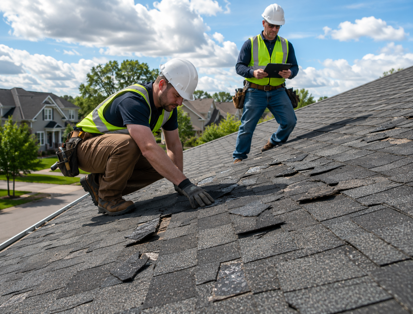 Roof repair specialist inspecting flashing and shingle damage along steep roof valley, Roof replacement crew in Kenosha - WI aligning new shingles around vents on a sloped residential roof