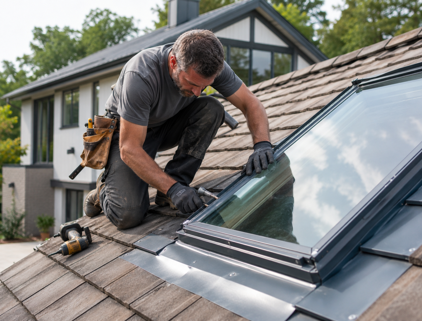 Roof repair crew fixing leak damage above attached garage on suburban home