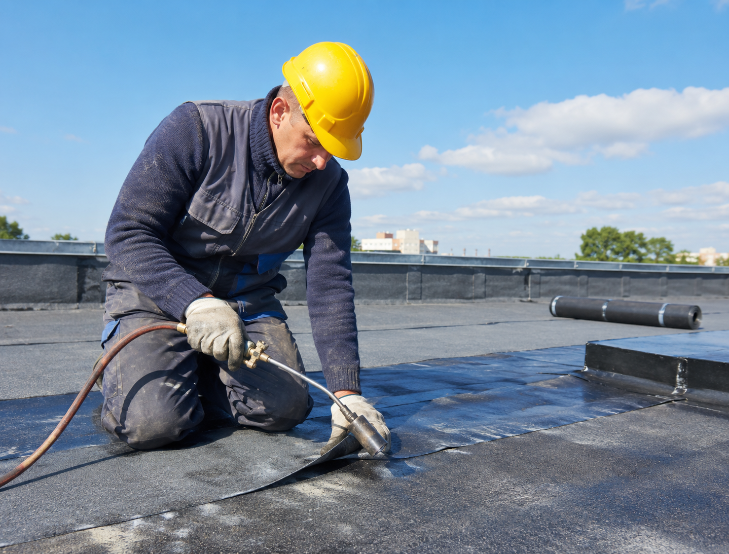 Roofing professional examining flashing and shingle damage near roof penetration