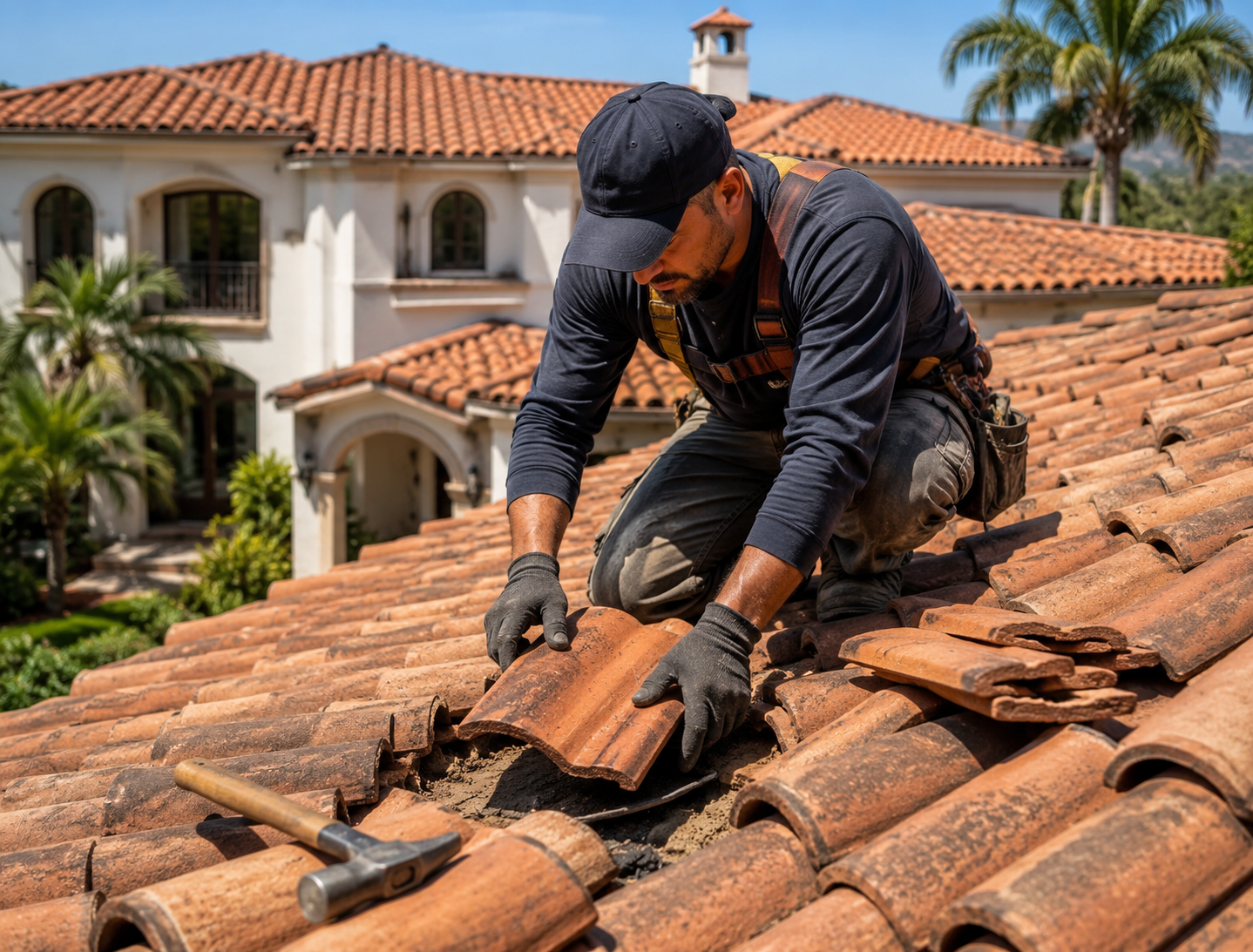Contractor repairing storm-damaged shingles on Kenosha home after leak appeared in attic