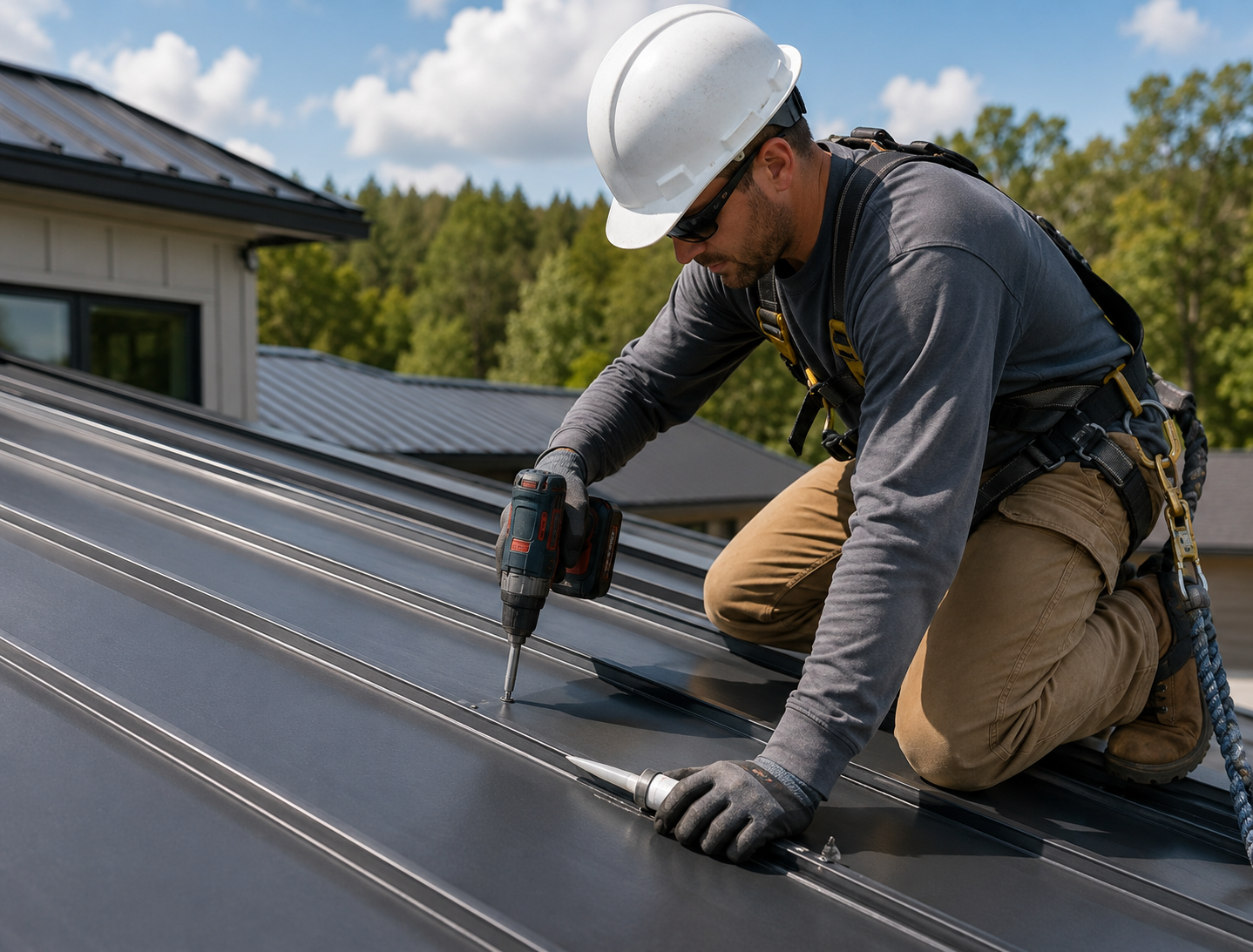 Roofing specialist inspecting flashing and shingle damage with close attention to problem areas