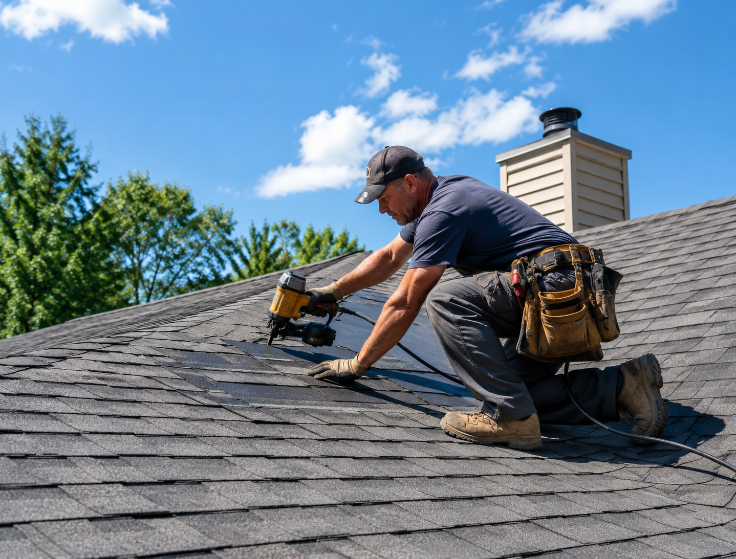 Roofing crew covering storm-damaged section after sudden leak in occupied home