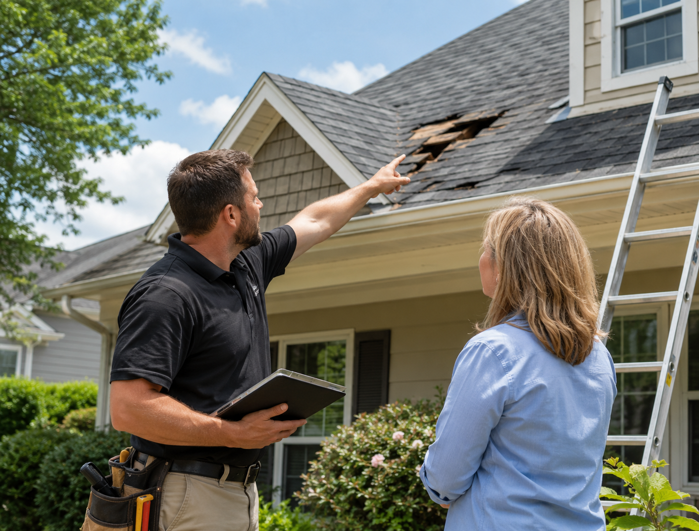 Experienced roofer inspecting active leak area and damaged flashing near roof penetration