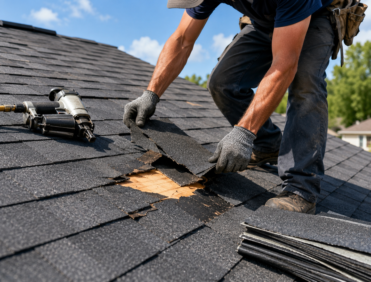 Experienced roofer tracing active leak source near damaged flashing and shingles