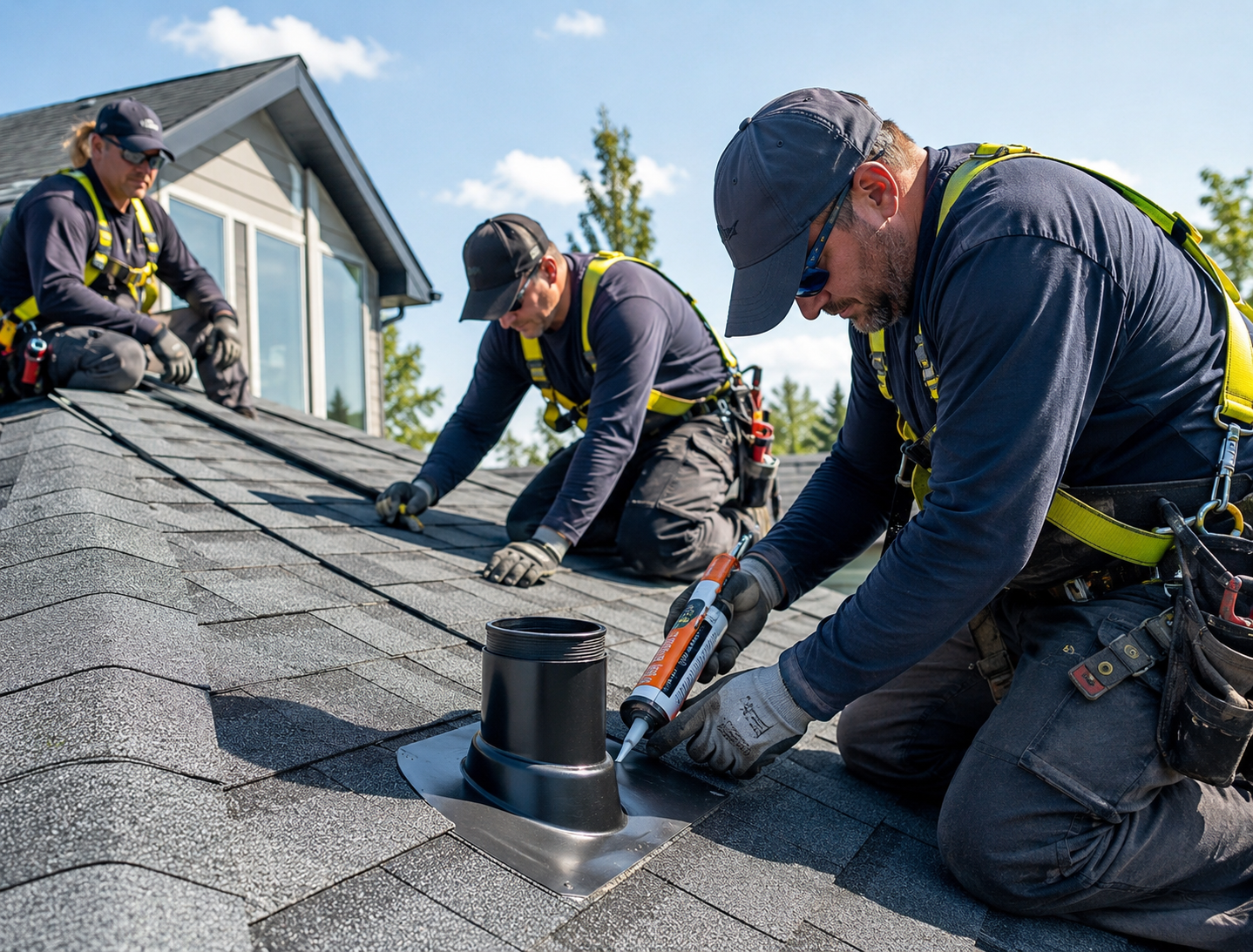 Crew repairing leaking shingles on Waukesha home before afternoon rain arrives