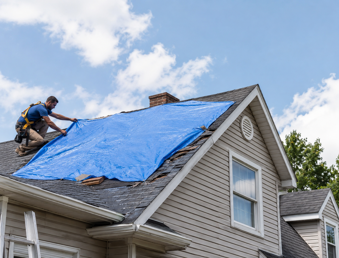 Skilled roofer inspecting flashing and shingle transitions for hidden leak sources