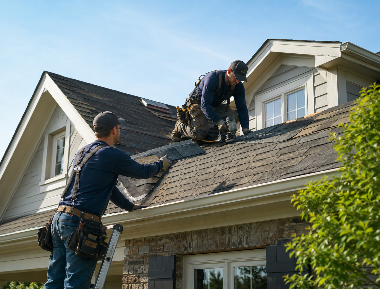 Roofing crew repairing damaged shingles on Brookfield home after windy weather