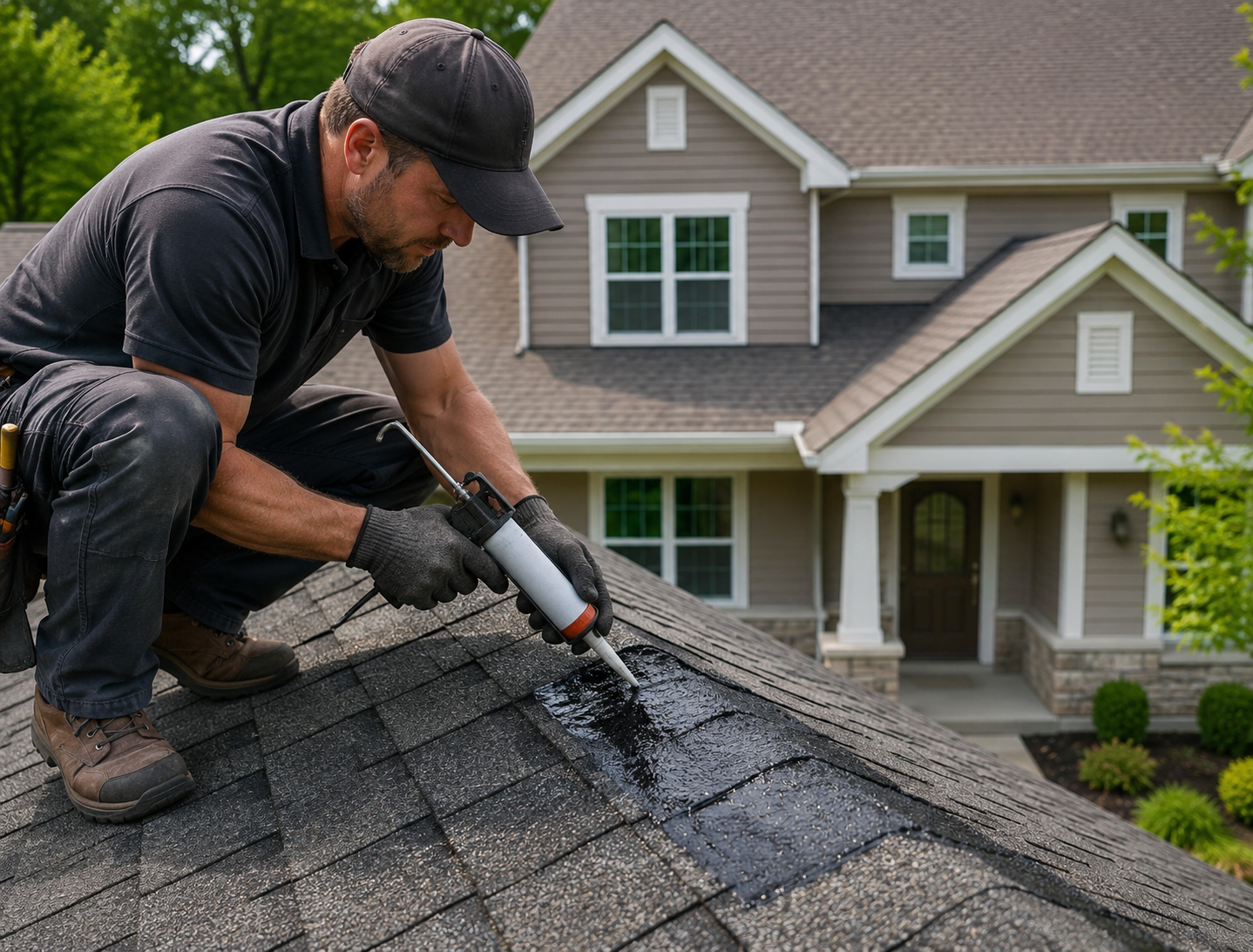 Experienced roofer inspecting roof valley and flashing for hidden water entry