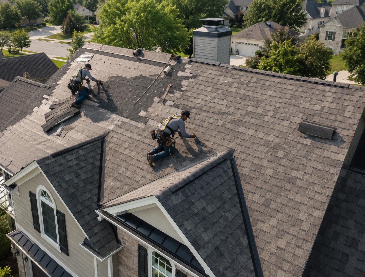Roof repair crew fixing leak damage above attached garage on suburban home