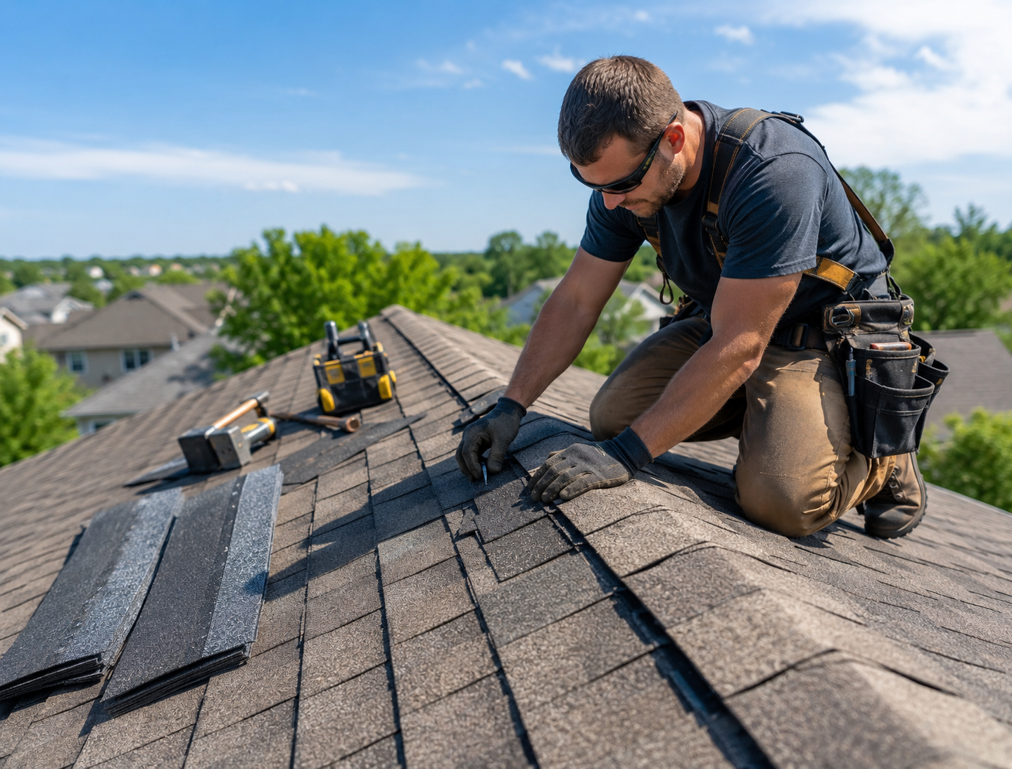 Roofing professional examining flashing and shingle damage near roof penetration