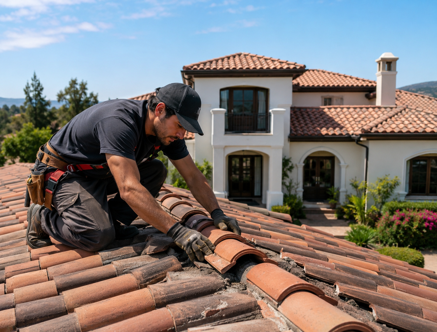 Roofer repairing damaged flashing above attached garage after heavy rain leak