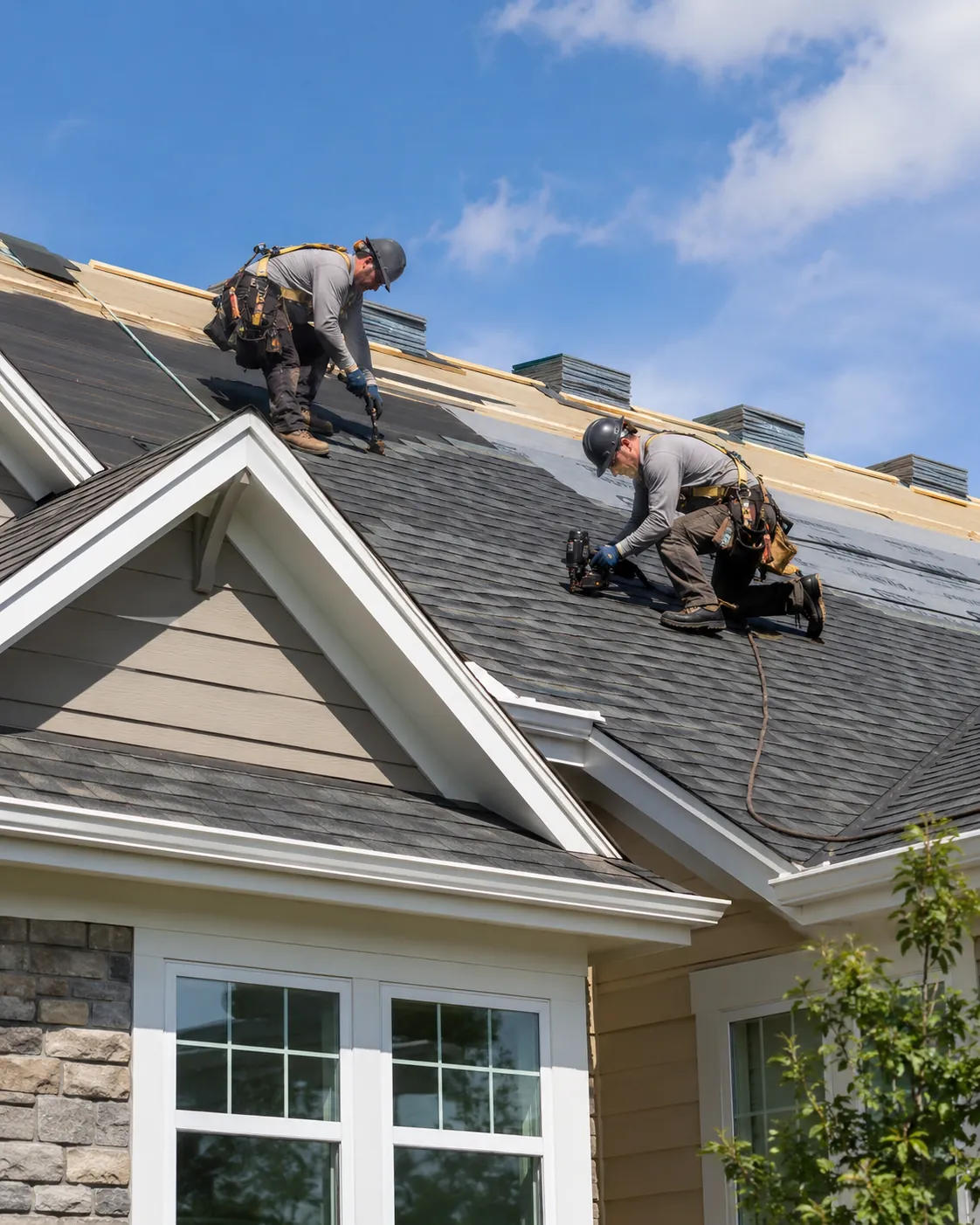 Skilled roofer examining roof edge, ventilation, and flashing during a detailed exterior assessment