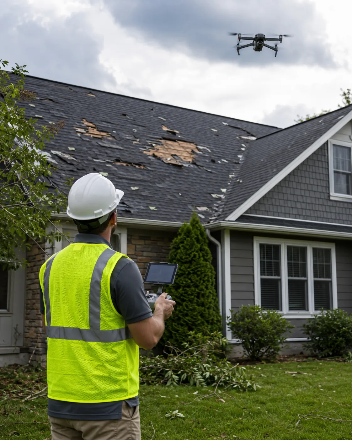 Roofing crew replacing worn shingles on a Kenosha County home after storm damage inspection