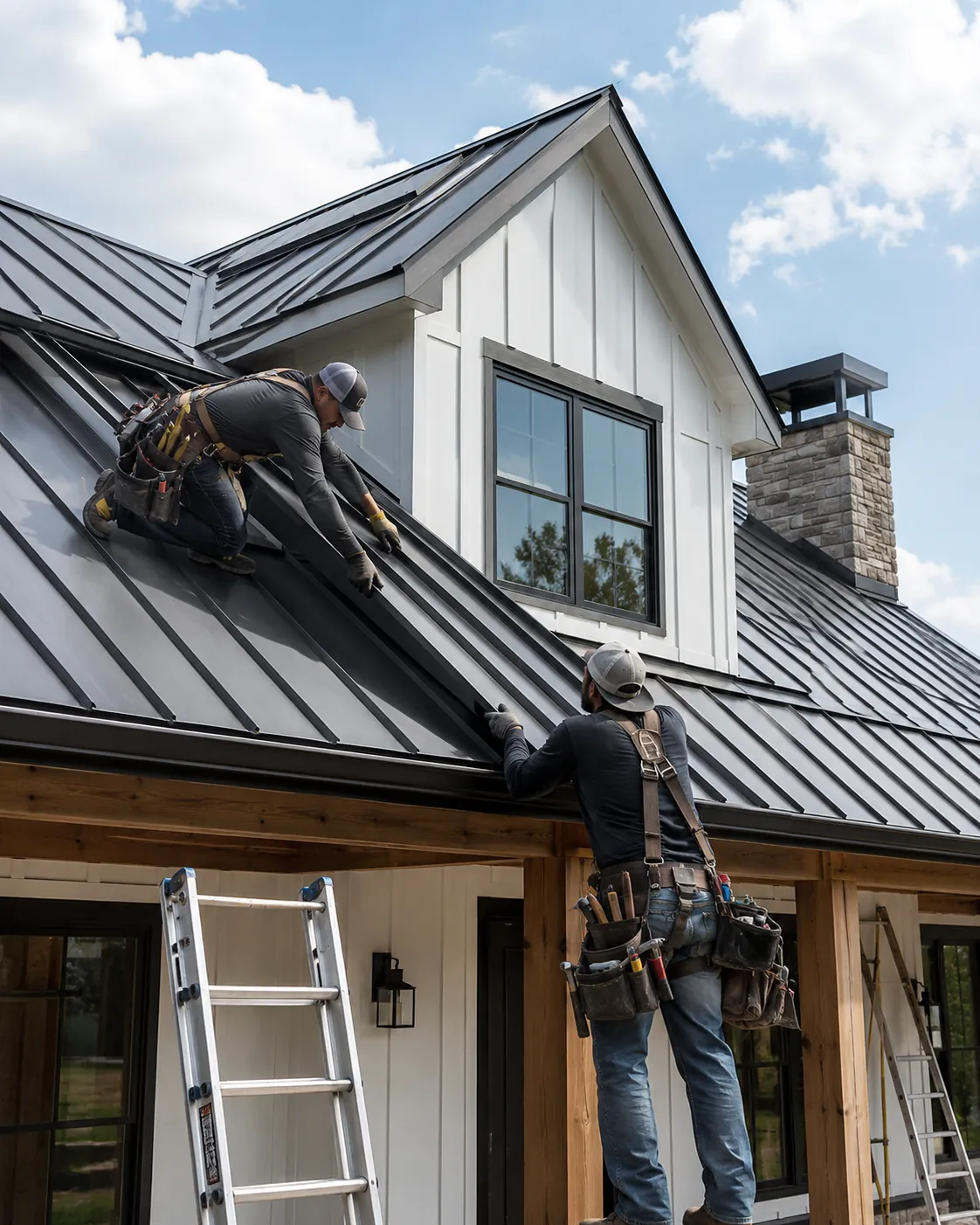 Roofing crew replacing worn shingles on occupied Dane County home during scheduled project