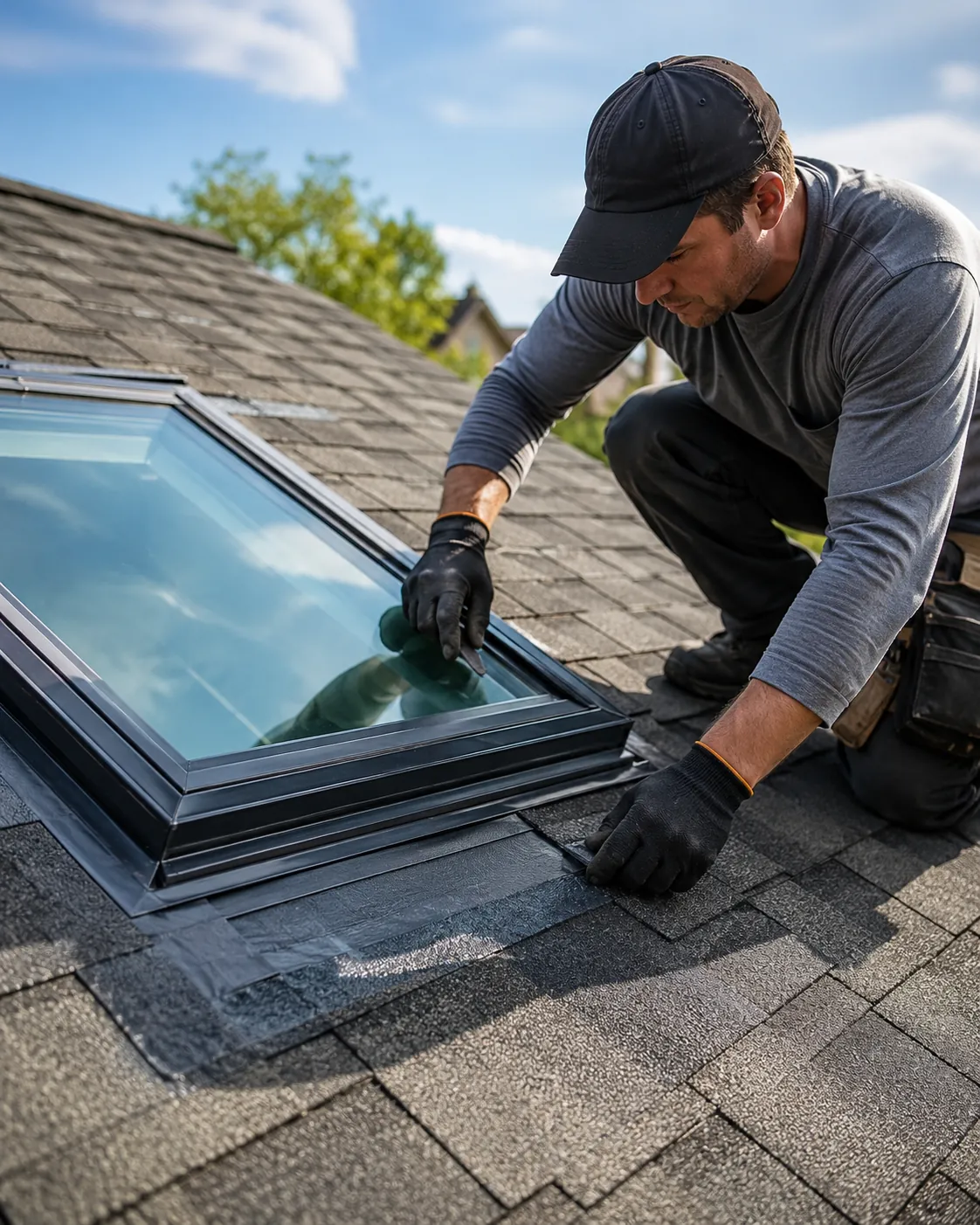 Skilled roofer examining roof valley and flashing for weather-related wear and failure