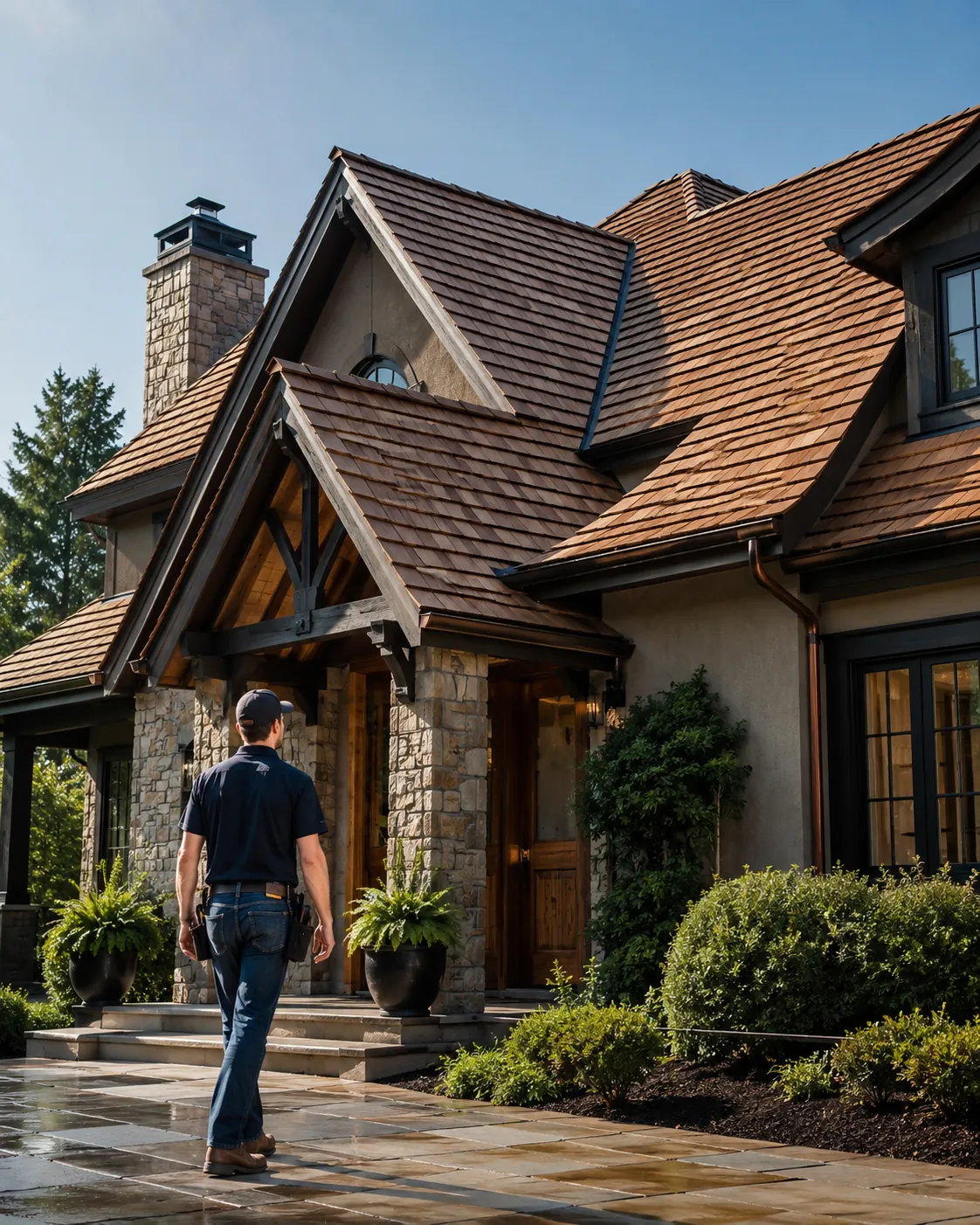 Roofing team installing replacement shingles on suburban Waukesha County home during planned project