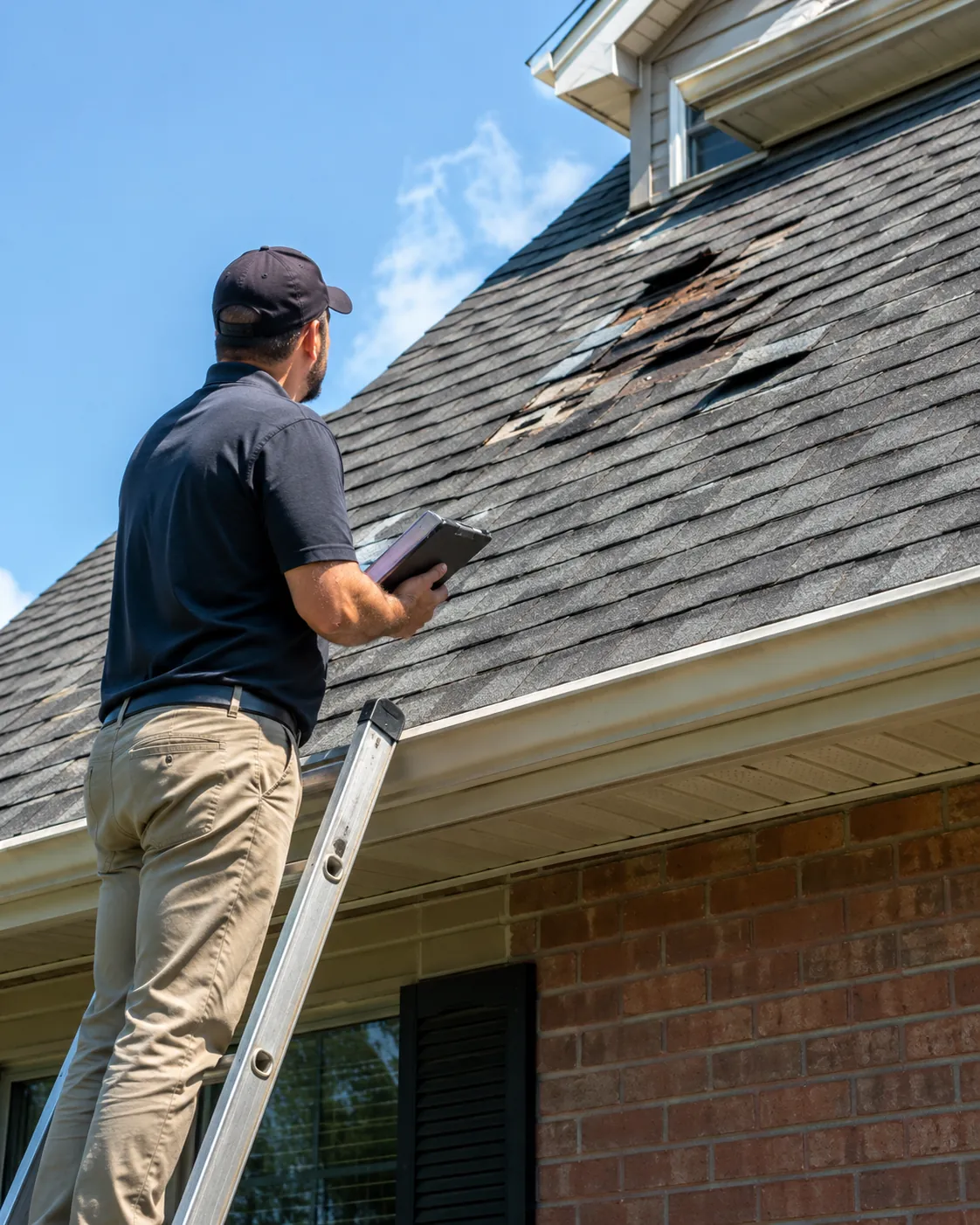 Roofing team inspecting flashing and shingle wear on a Brookfield home before replacement