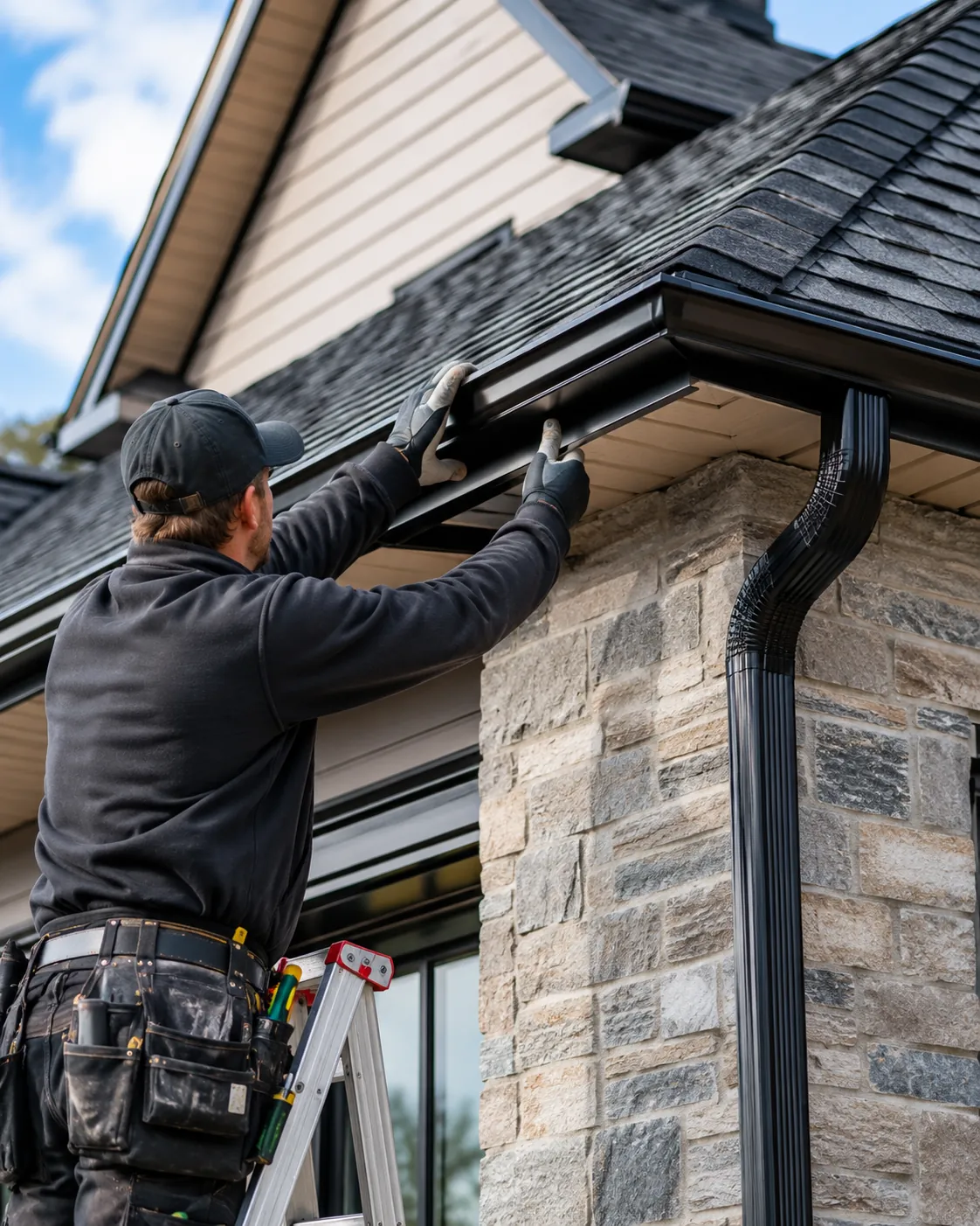 Roofing crew replacing worn shingles on occupied Dane County home during scheduled project