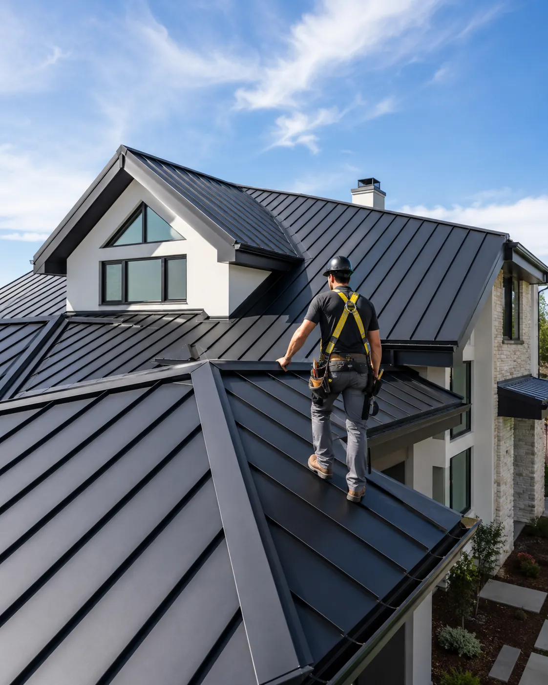 Roofing team assessing shingle wear and flashing around a Sun Prairie home addition
