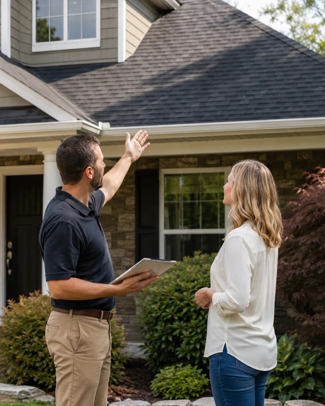 Roofing professional examining flashing and drainage areas with careful diagnostic attention