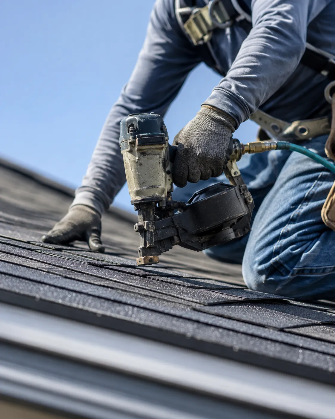 Roofing crew inspecting leak-prone shingle sections above a Madison family home's attic