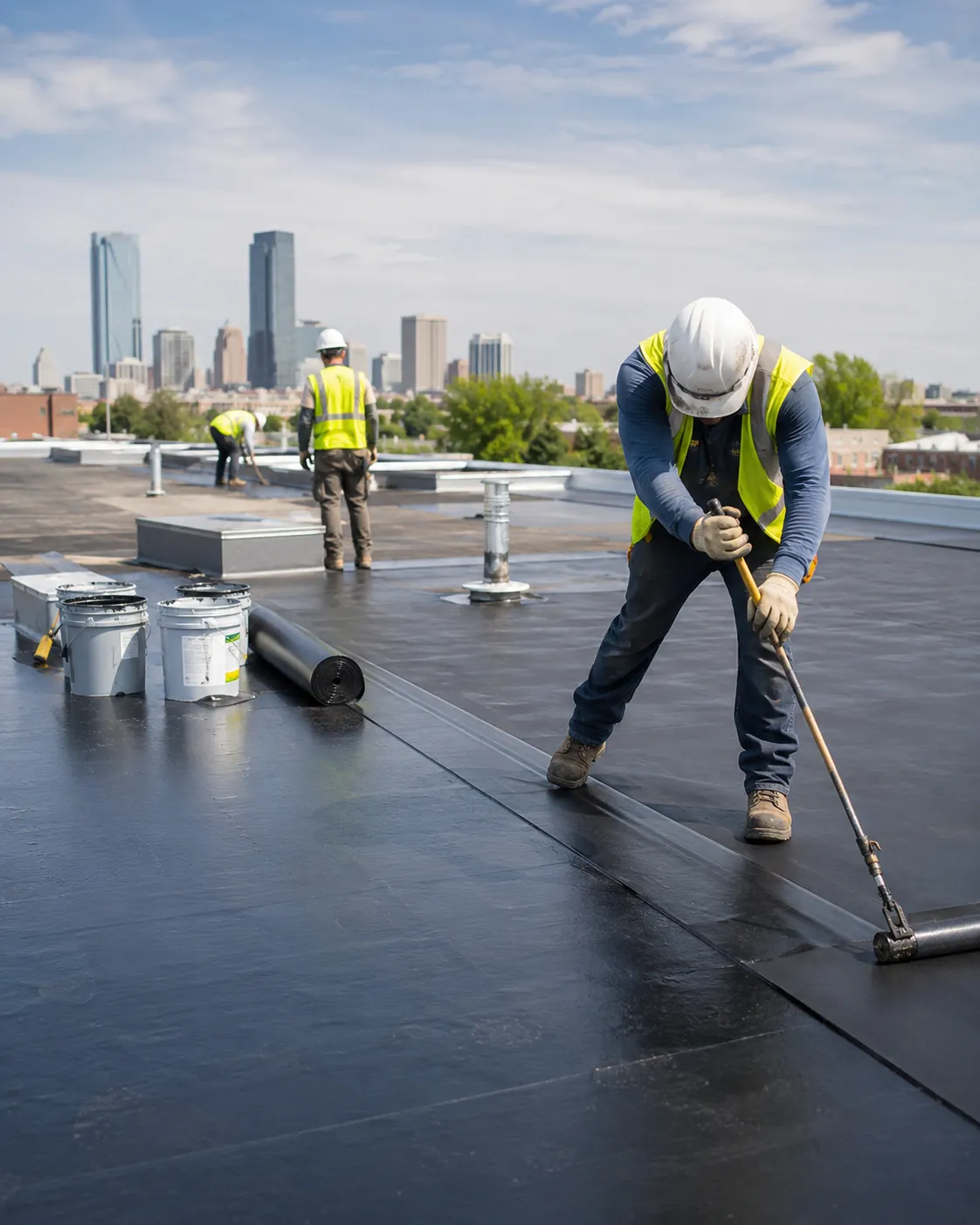 Skilled roofer examining roof edge, ventilation, and flashing during a detailed exterior assessment