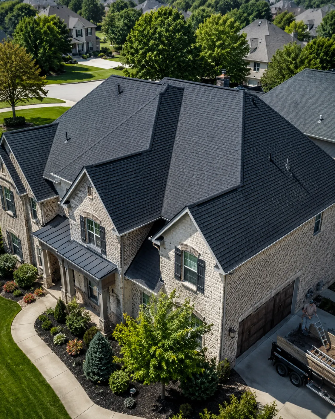 Roofing team inspecting flashing and shingle wear on a Brookfield home before replacement