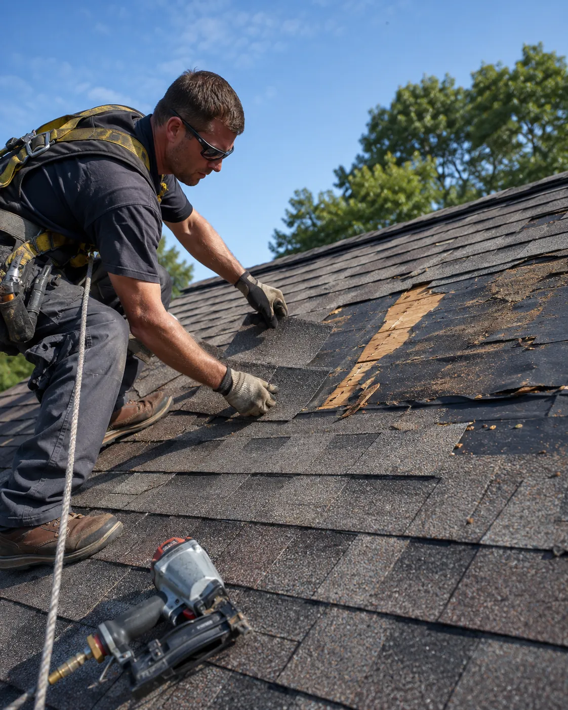 Experienced roofer inspecting roof decking and flashing for weather-related wear and moisture entry