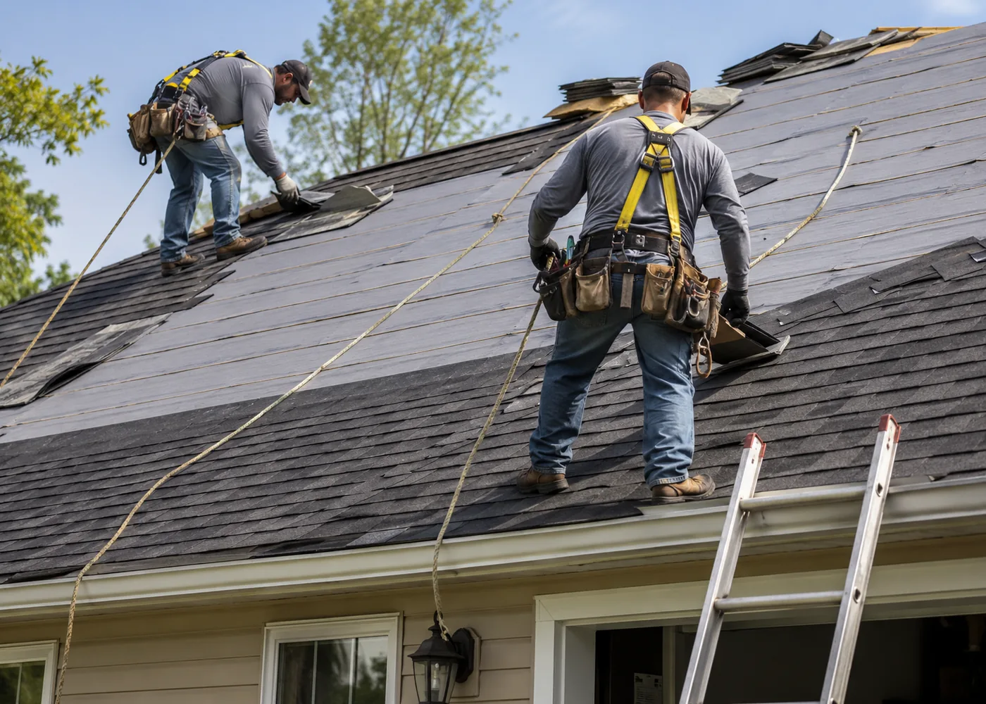 Roof Replacement in Milwaukee - WI in progress as a crew removes old shingles from a steep home