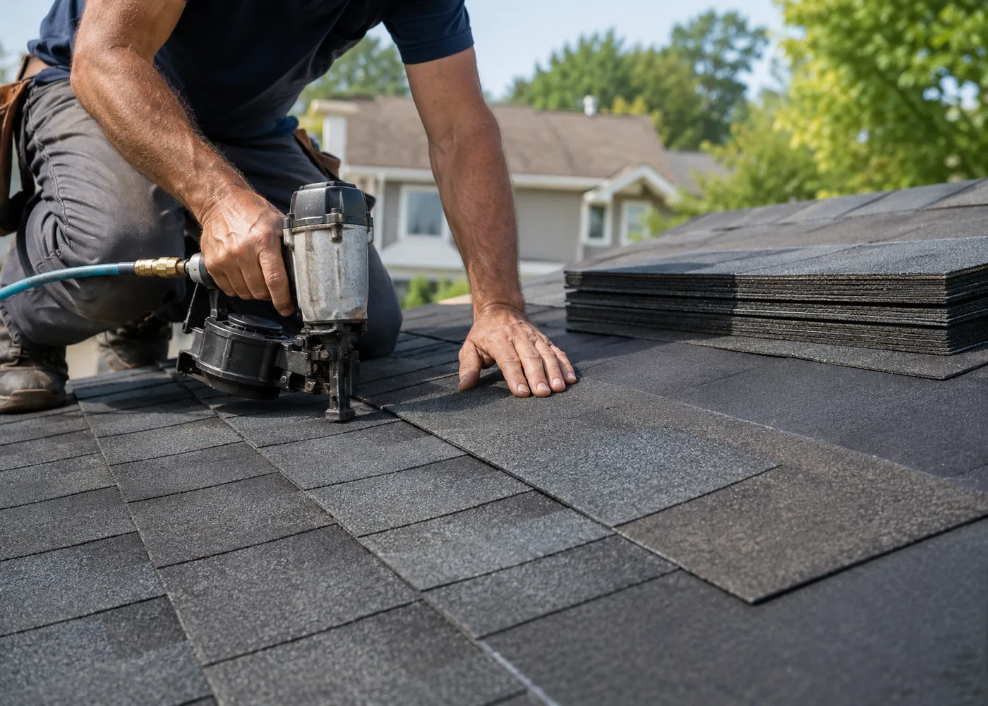 Roof replacement crew securing underlayment on a Milwaukee - WI house before installing new shingles