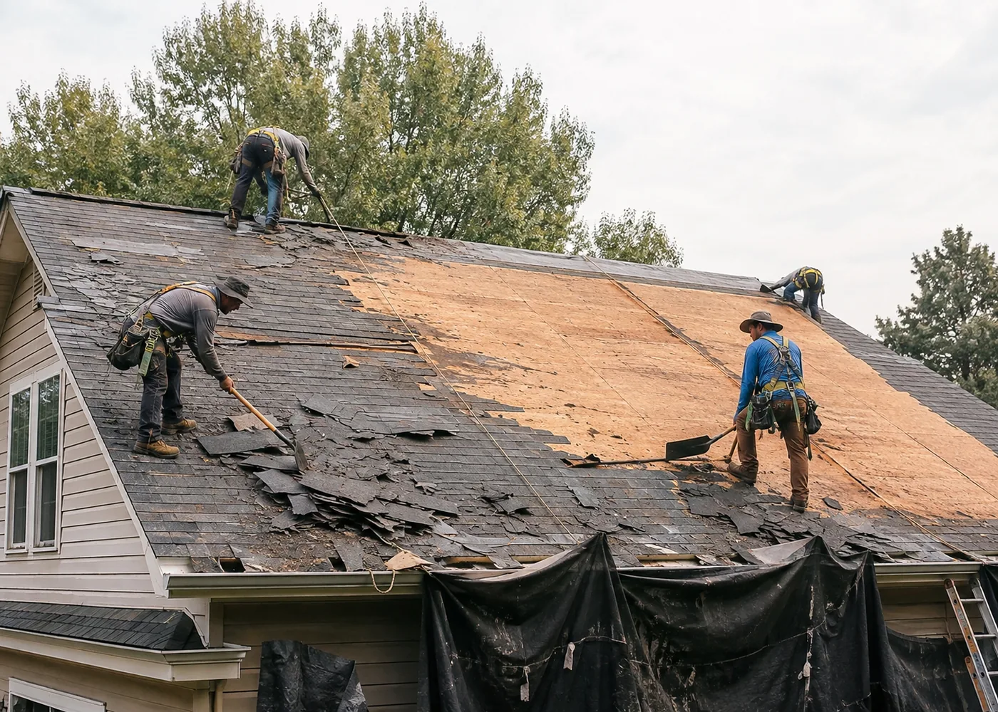 Roof replacement specialists in Brookfield - WI aligning new shingles and flashing on a sloped home roof