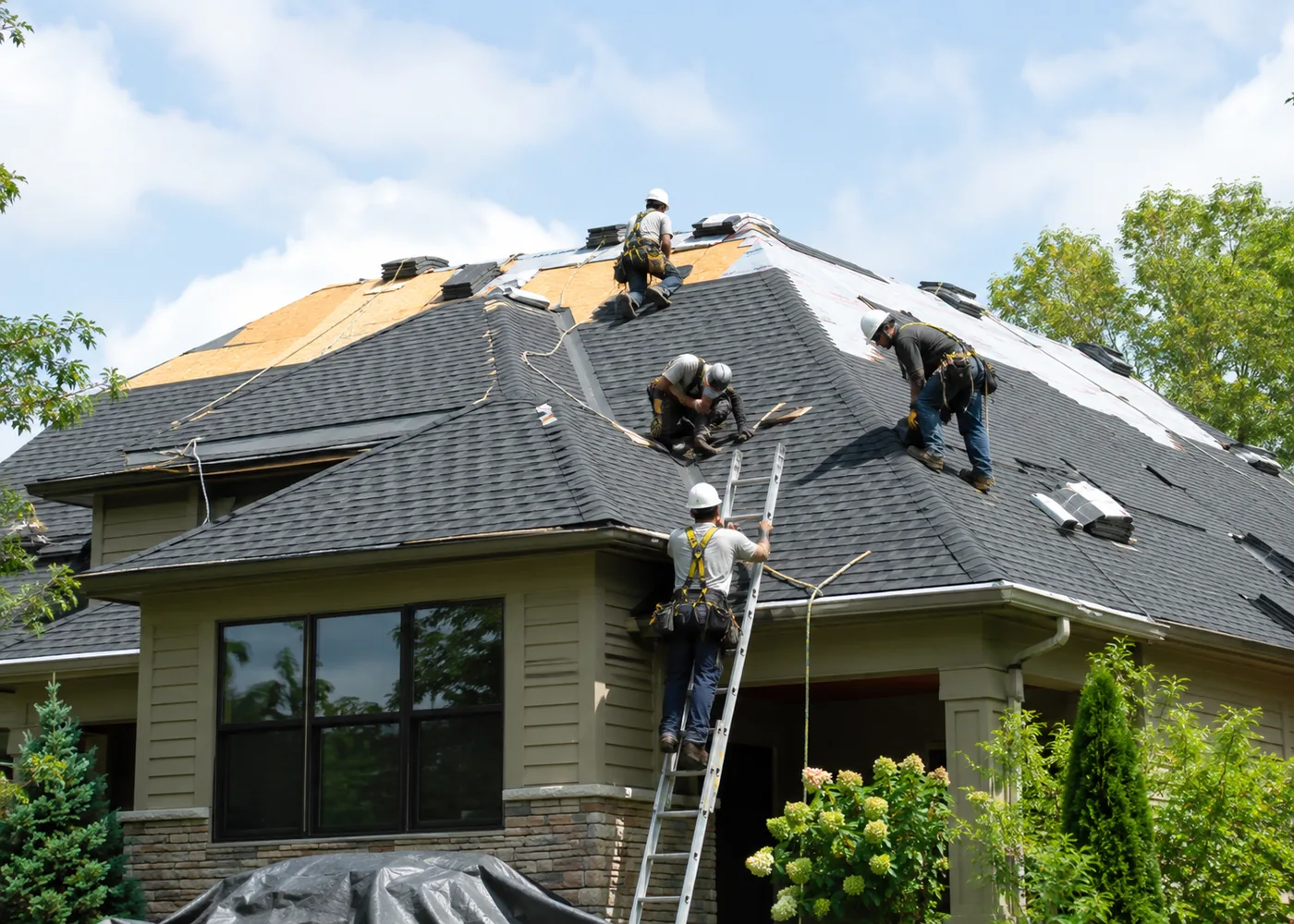 Roof Replacement in Waukesha - WI underway as a crew installs new shingles on a residential roof