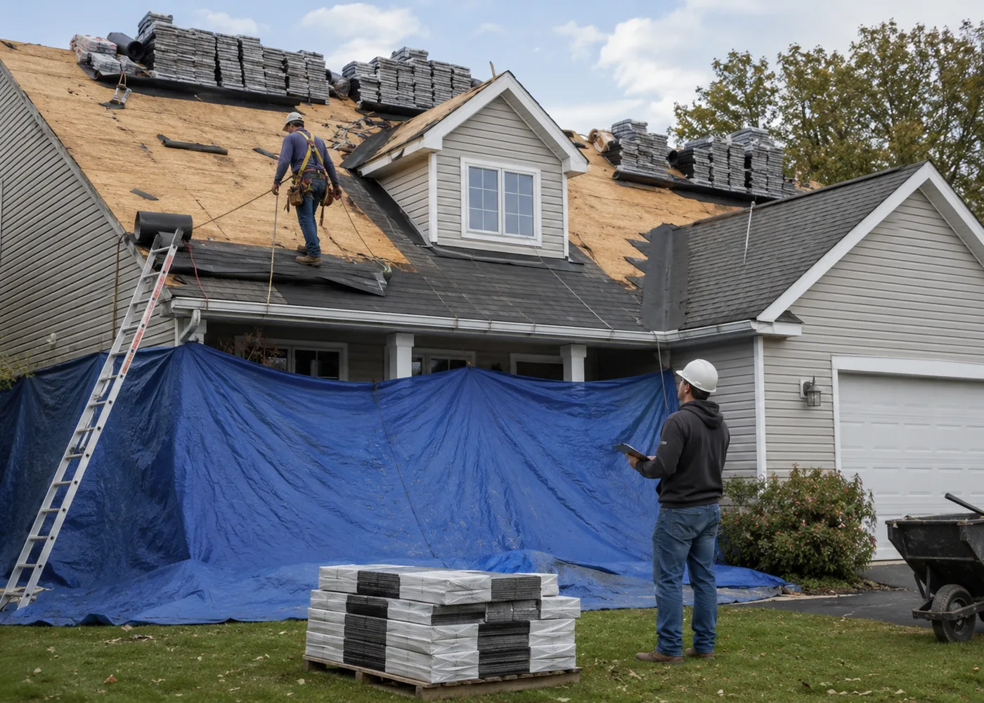 Roof replacement crew in New Berlin - WI installing underlayment and aligning shingles along a steep slope