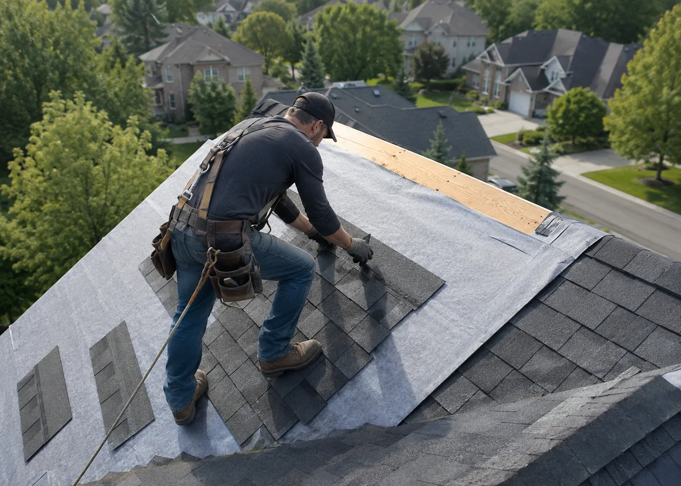 Roof Replacement in Madison - WI in progress as workers install new shingles on a residential roof
