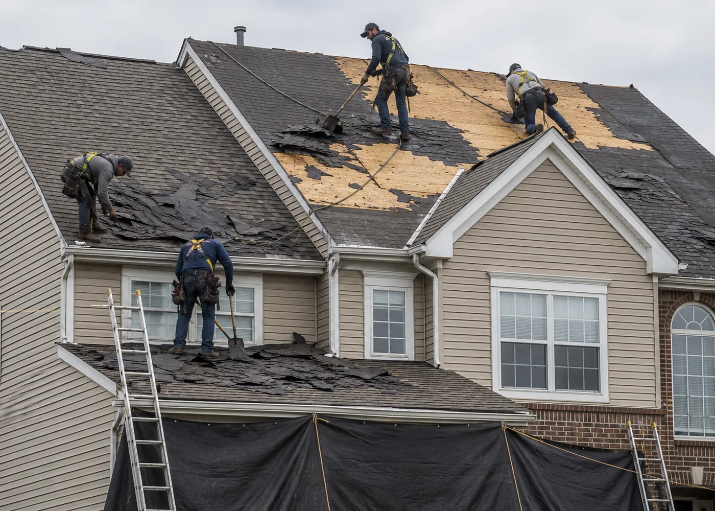 Roof replacement crew in Sun Prairie - WI measuring roof sections and securing materials before installation