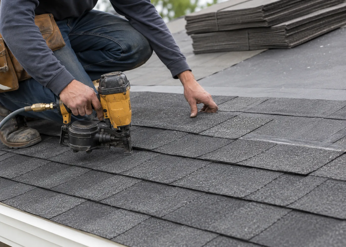 Roof replacement specialists in Fitchburg - WI checking flashing lines and shingle alignment during installation