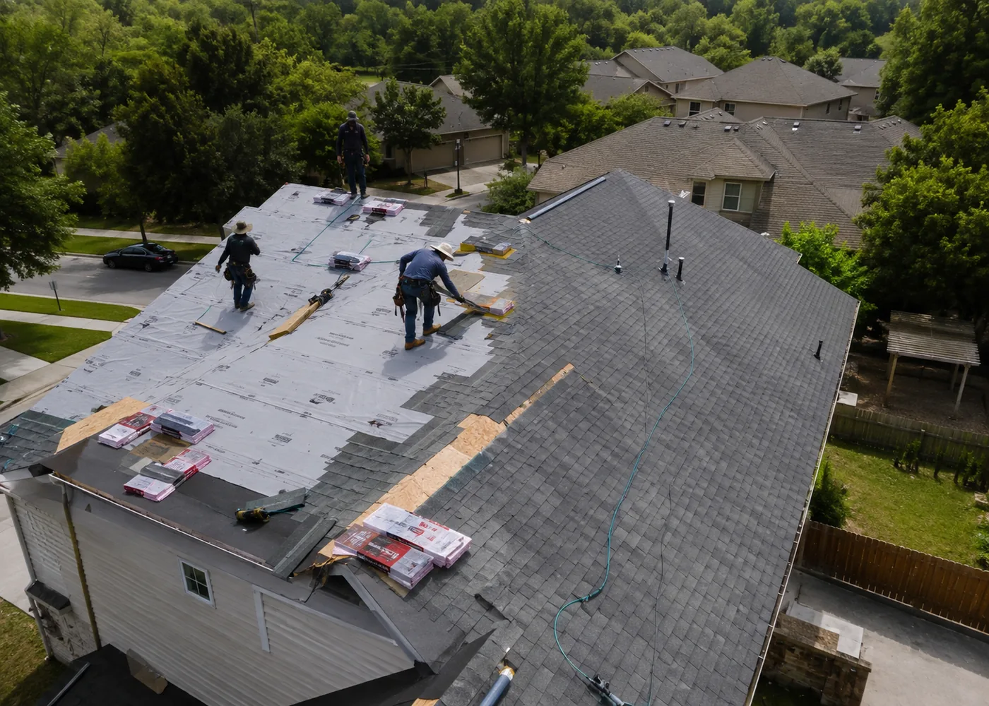 Roof Replacement in Kenosha - WI underway as a crew removes worn shingles from a suburban home